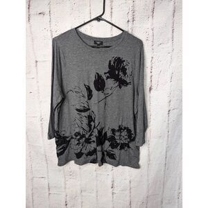 Talbots Woman 2X Top Shirt Grey Black Floral print Cotton Blend 3/4 Sleeve